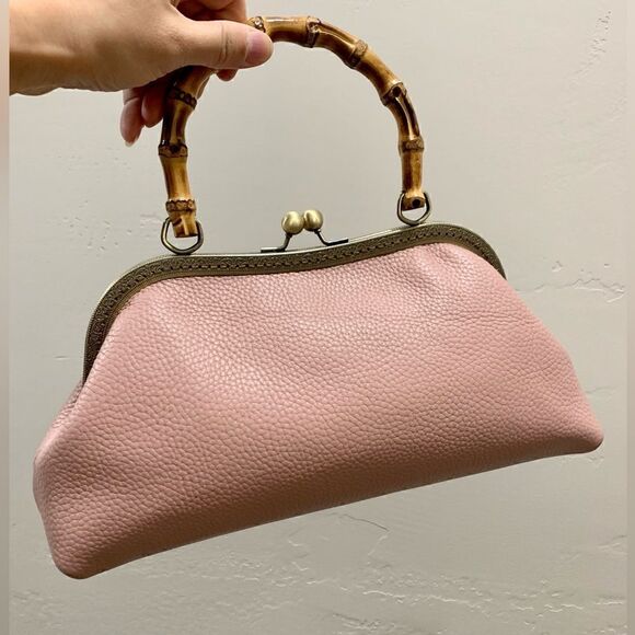 Handsewn Genuine Premium Pebble Leather Real Bamboo Handle Bag/Crossbody - Picture 4 of 14